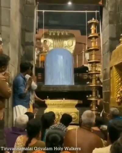 Abhishekam at Brihadeeshwara temple in Tamil Nadu. 11th century Chola 63 metre granite Shiva linga