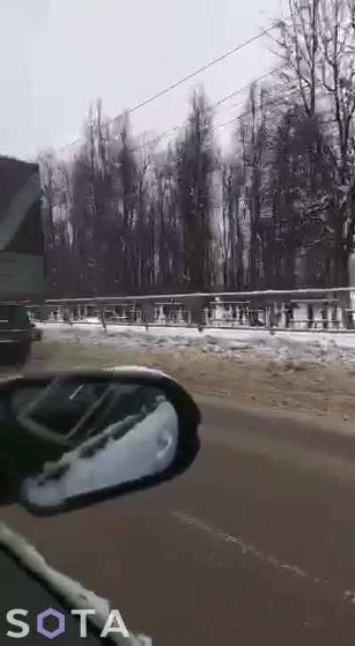Military vehicles with Ukrainian insignia in the Russian region of Tver. Allegedly for some film production