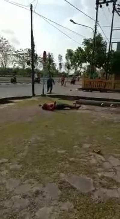 cutting down a coconut tree while being on it