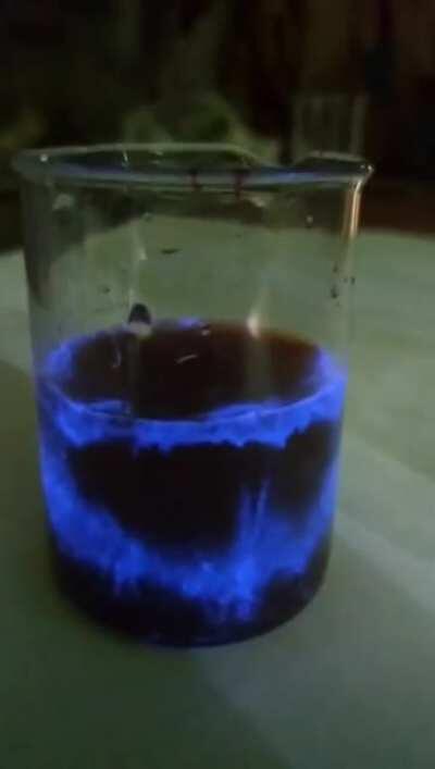 Luminol activation. Luminol is an organic compound which, when oxidized, emits light — a phenomenon known as chemiluminescence. This is similar to the reactions that fireflies uses to emit light, and to those used in 