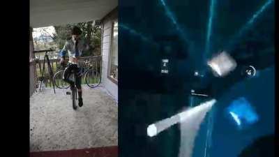 Beatsaber one legged on a unicycle cosplaying as KDA All Out Akali