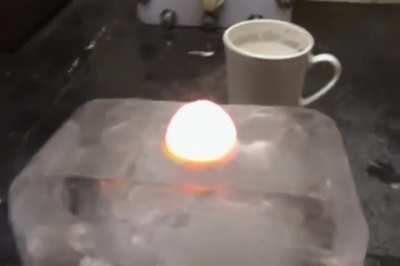 White-hot ball of nickel on a block of ice.