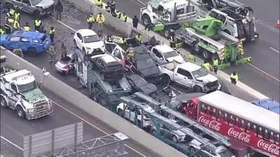 During and aftermath of a 70+ car pile up in Fort Worth, TX.