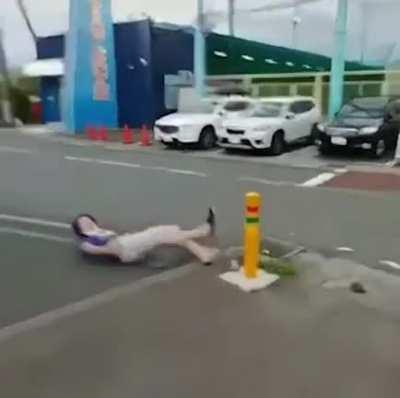 Dude puts a step wrong jumping from bollard to bollard
