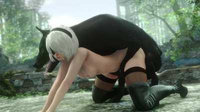2B gets on her knees and lets her dog drill her pussy (noname55) [Nier Automata]
