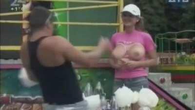 Surprise! Cotton Candy seller in an attractive boob hole outfit