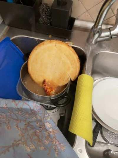 I slipped and dropped my pizza into the sink.