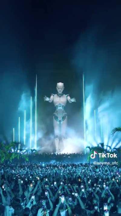 Massive robot visuals during Anyma's set in Tulum.
