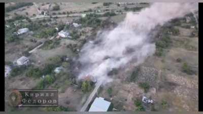 RU POV: Two UMPB D-30SN aerial bombs strike UAF positions in Sadovoe, Kherson region. Soldiers had written “ZSU” on the side of targeted location.