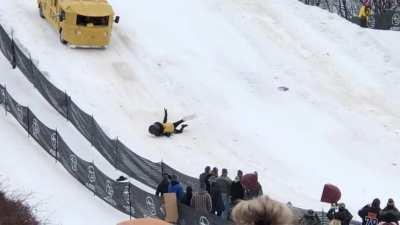 Skiing in front of the peanut mobile….