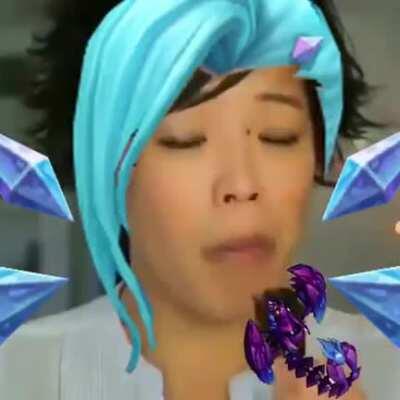 Seraphine enjoying her 5 course meal after her Ultimate Skin was sold.