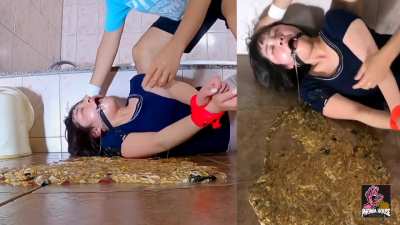 Girl Puking Up A Puddle Of Noodley Vomit Then Getting Covered In It