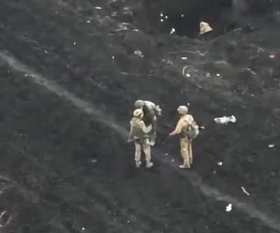 Three russian invaders were congratulating each other on making it out of the battle alive, and got hit by Ukrainian FPV drone sharpnel moments later