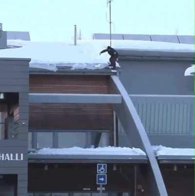 Snowboarding down a building.