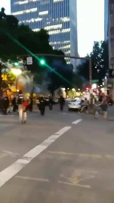 Portland security forces attacked a crowd of peaceful parents and small children for no reason. They snuck up behind the crowd and shot at them with rubber bullets and tear gas.