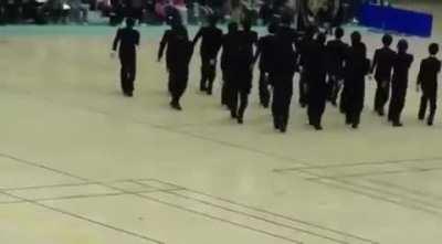 ‘Shuudan koudou' is a group exercise that requires the participants to create various intersecting formations by doing synchronised group walks. The art of Japanese precision walking by these high school students is stunning