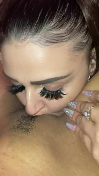 Her eyelashes are tickling my thighs