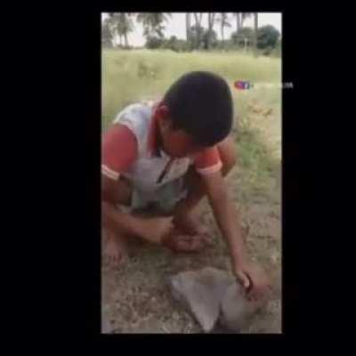 Boy has already cracked two coconuts