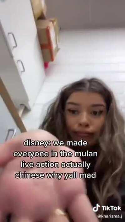 Thinking all people who worked on the mulan movie should have been asian. (Confirmed by looking at the comments)