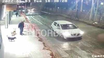 Car goes straight through newly poured concrete.