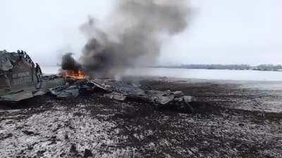 The Ukrainian Army investigates a crashed Russian Army aircraft.