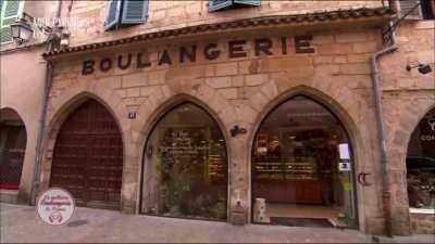 Cat runs into glass door on French bakery program