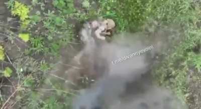 RU POV: Ukrainian soldier loses his leg to VOG explosions in Kursk Oblast area.