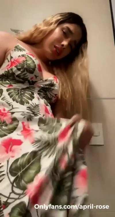 At first I thought she lifted her knee up... then I realized it was her cock