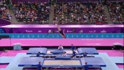 I know it's his job but this spotter is a beast. Saves gymnast from almost certain injury