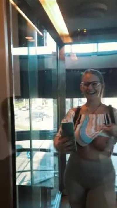 You're waiting for the elevator at the mall, and here BOOM! the doors open and a chick appears, taking a selfie video of herself riding the elevator with her bare, huge boobs. In addition, she is laughing. Heh