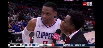 [Highlight] Russell Westbrook, friend to all, makes sure to congratulate courtside reporter Rahshuan Haylock on his promotion before doing his post game interview for player of the game