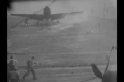 Douglas AD-4 Skyraider of VA-115 loses its engine on landing on USS Philippine Sea after being damaged by flak during a mission over Korea on December 1st 1950
