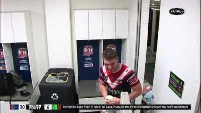 Angus Crichton and Jared Waerea-Hargreaves having fun in the sheds