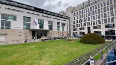 German army band plays music composed for the victory over France while marching infront of the French embasy.