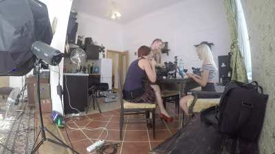 Backstage of leather dresses on high heels upskirt panties party shooting * taken from www.leons.tv