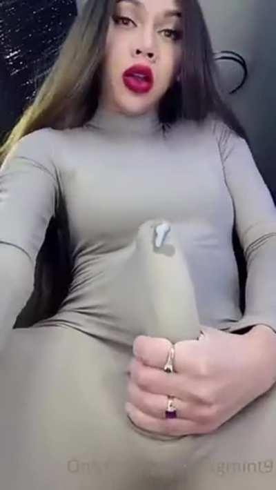 Ejaculating through her grey catsuit