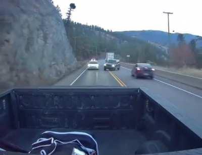 BC highways already struggling to stay open and running for essential supplies- and then there’s this guy- running from police. Near Osoyoos.