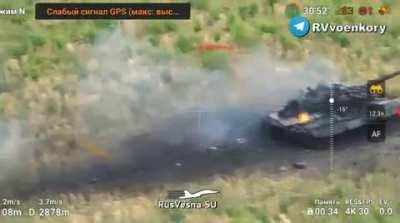 RU pov: Ukrainian armoured attack near Kreminna was stopped, vehicles were destroyed. Ukrainian soldiers are hit by drone dropped grenades. 