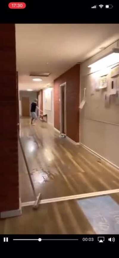 WCGW sliding on a slippery floor that is not long enough (Found on Tumblr)