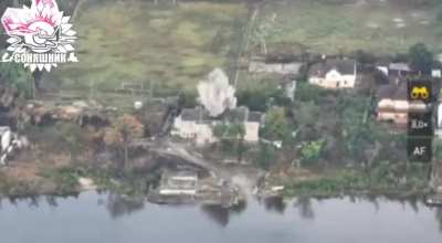 The Ukrainian Armed Forces carried out a MiG-29 airstrike using a guided French AASM HAMMER aerial bomb on a house with Russian soldiers in the town of Nova Kakhovka. May 2025, Kherson region.