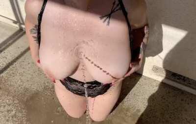 I don’t need a fancy outdoor shower when I have him