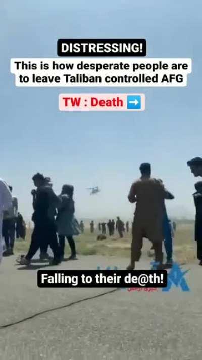 People desperately clinging onto a plane leaving Afghanistan but inevitably falling to their death.