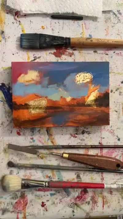 Impasto Oil painting process video - colorful sky reflection. Vine charcoal is awesome to sketch with because it just wipes away as you paint on top. Mop brush to create a combo of soft and hard edges in the sky.