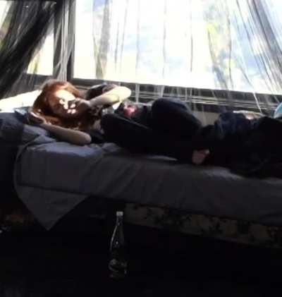 Valkyrae getting out of bed during marathon stream w/ Cinna - February 2025