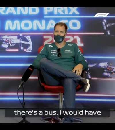 Vettel telling a dad joke, but everyone laugh