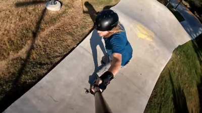 Carving the entire pump track at mueller skatepark, Austin.