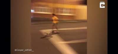 Guy decides to skateboard downhill in the suburbs. Plows into an SUV.