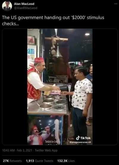 The US Government handing out $2000 stimulus cheques...