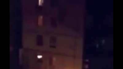 Stick creature climbs building in Russia