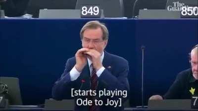 Slovenian MEP Lojze Peterle whacks out his harmonica for a quick rendition of Ode to Joy and gets a standing ovation in European Parliament